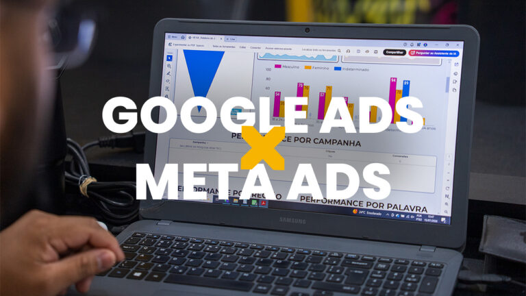 Tela dividida mostrando gráficos de desempenho do Google Ads de um lado e do Meta Ads do outro, representando a escolha de tráfego pago.